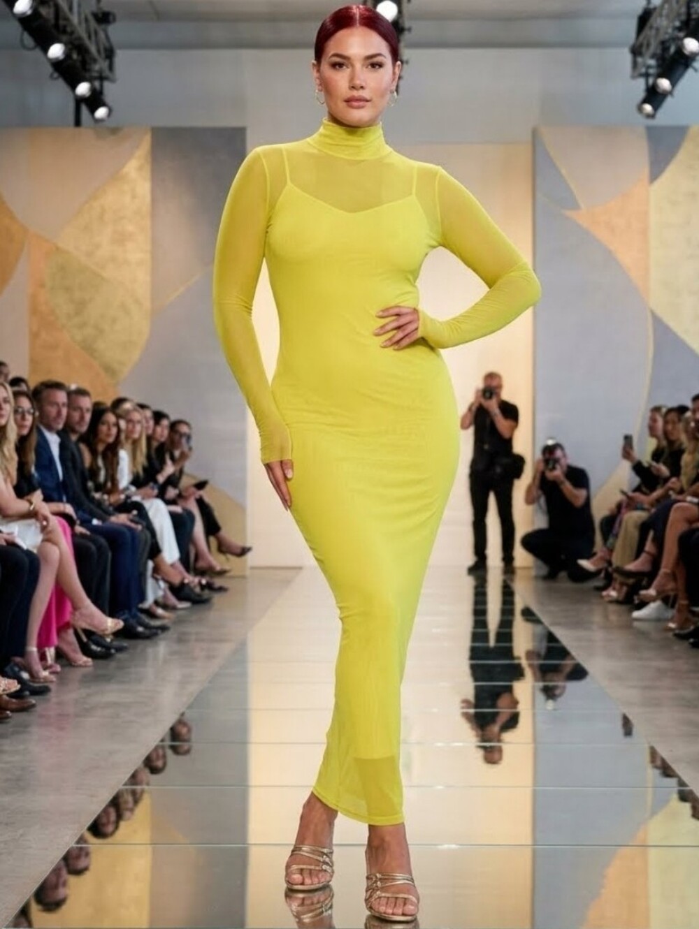Milla Yellow Mesh Mock Neck Bodycon Maxi Dress Chartreuse Size M